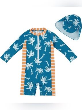 NWT Amazon Infant/Toddler Palm Print Sunsuit/Swimsuit + Sun Hat 18-24M